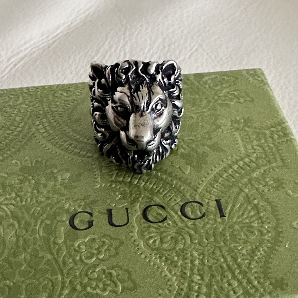 NEW GUCCI Ring Lion Silver Palladio Black Sz 23 IT 10.5 US 100% Authentic - Picture 2 of 7